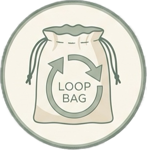 Illustration of a loop bag with drawstrings on each side, depicted within a circular border.