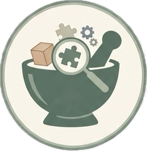 A bowl containing puzzle pieces, a magnifying glass, a wooden cube, a wrench, and gears, symbolizing problem-solving and analysis.