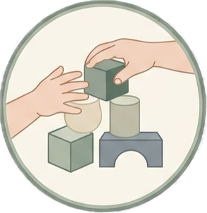 A hand stacking colorful wooden blocks in a circular layout