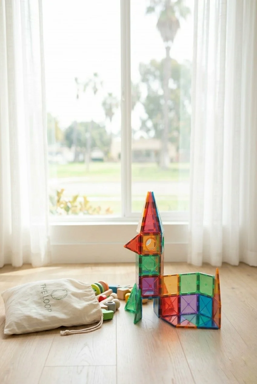 Colorful magnetic building blocks forming a unicorn figure on a wooden floor in front of a large window with white curtains, with a cloth bag and additional pieces nearby.