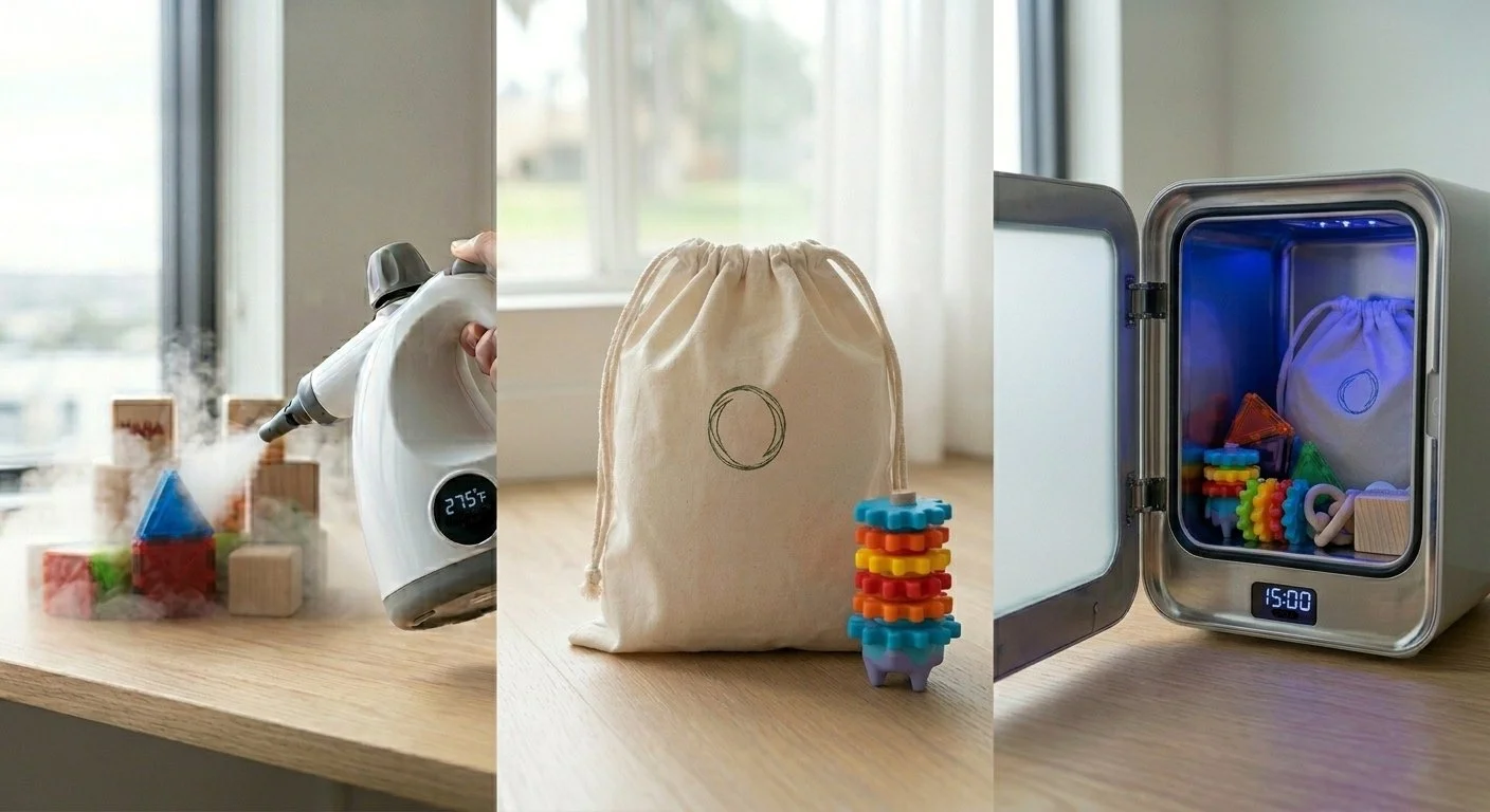 A children's toy set being sterilized by a steam sterilizer, a drawstring bag with stacking rings, and a heated toy sterilizer with colorful stacking toys inside.