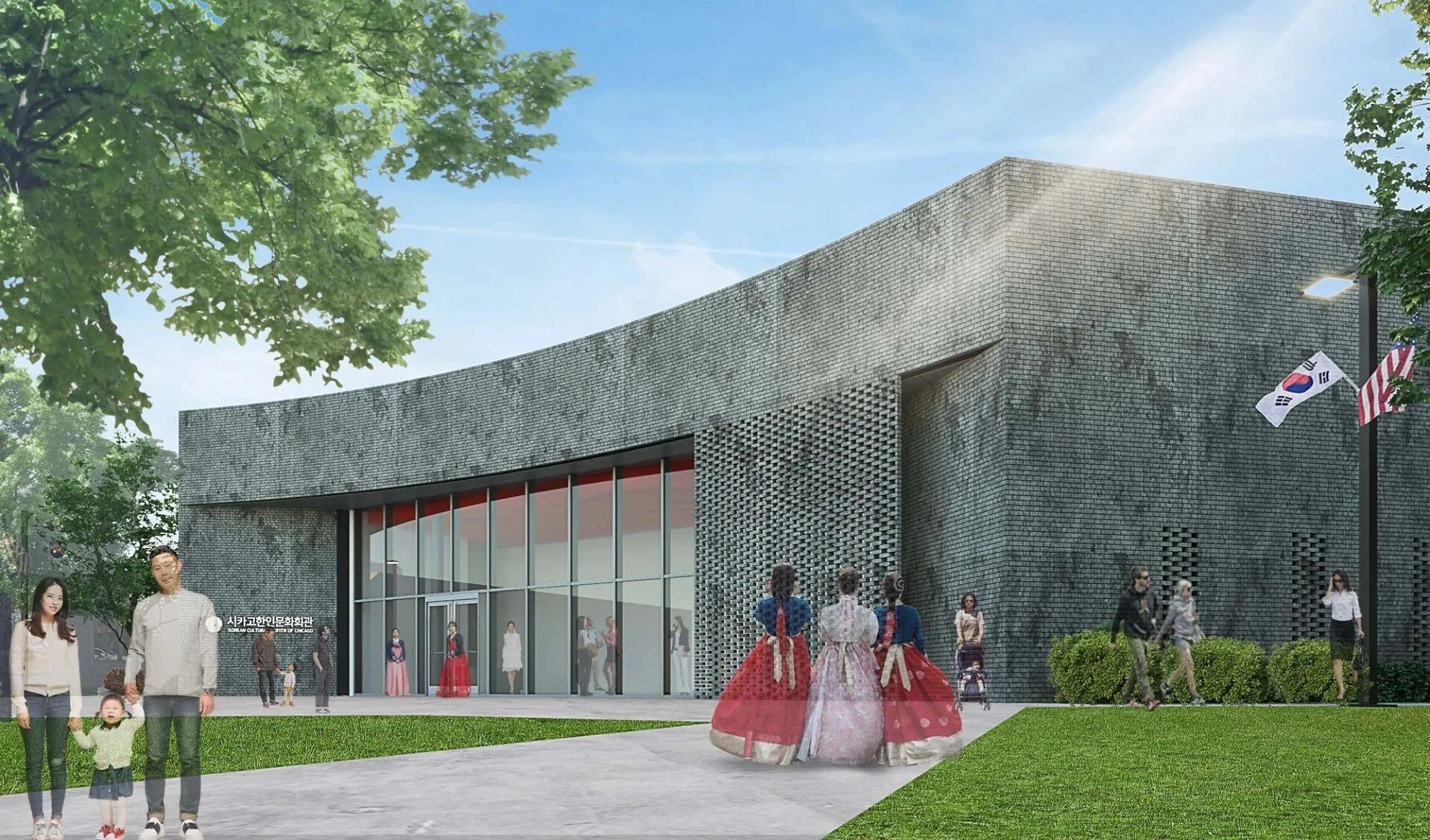 Modern cultural center with a gray brick exterior, glass entrance, and flags of South Korea and the United States, with people, some dressed in traditional Korean attire, gathered outside.
