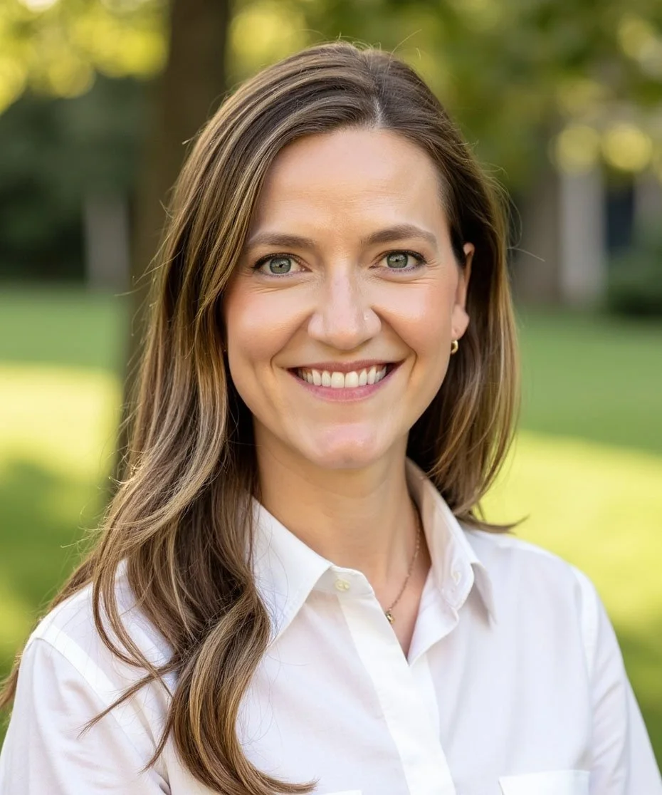 A woman with long brown hair and blue eyes smiling outdoors, wearing a white collared shirt, with green trees and grass in the background.