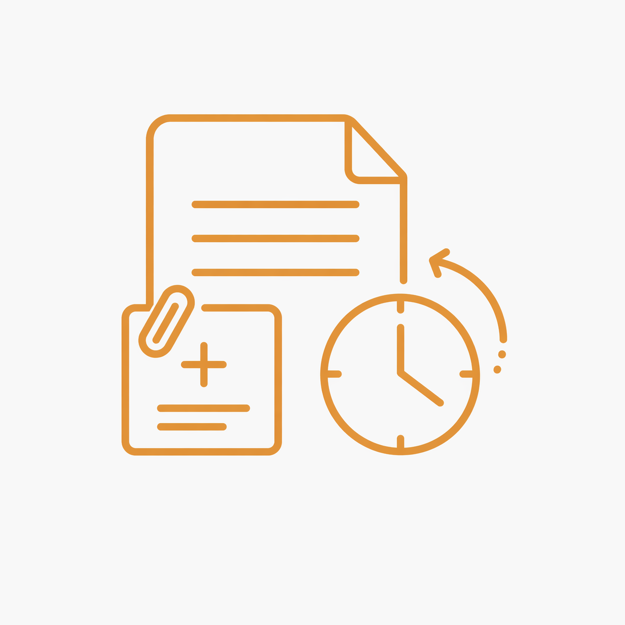Line drawing of a medical report, a prescription pad with a plus sign, and a clock indicating time or schedule.