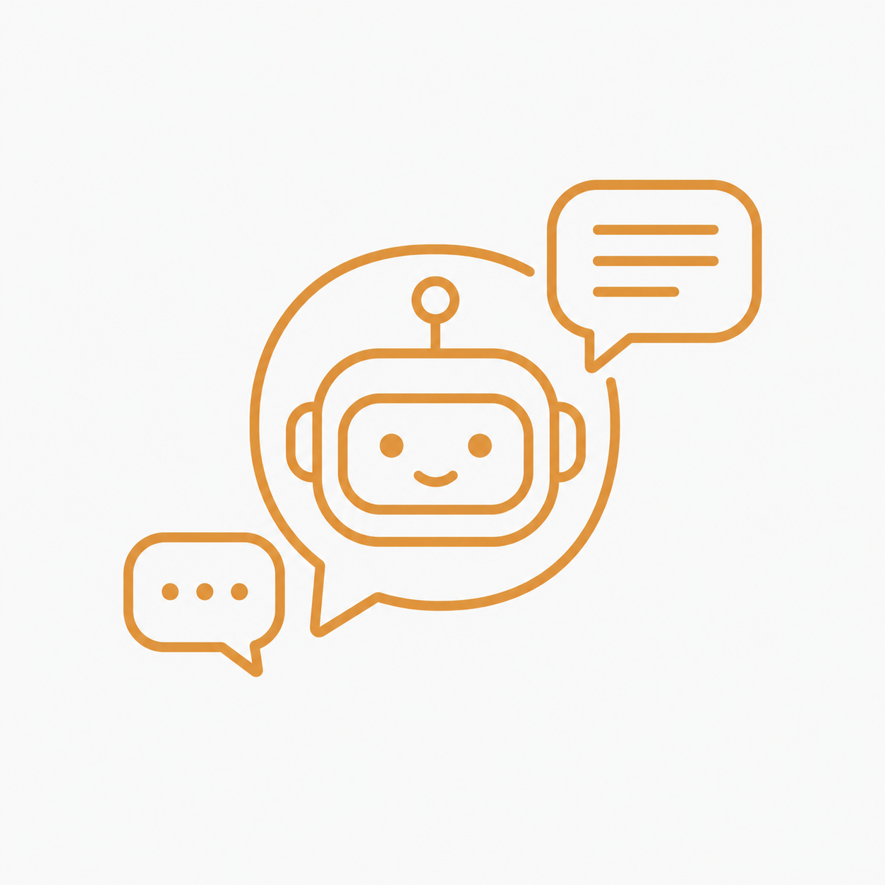 Orange outline drawing of a robot face inside a chat bubble, with two smaller chat bubbles containing three dots and lines representing conversation.