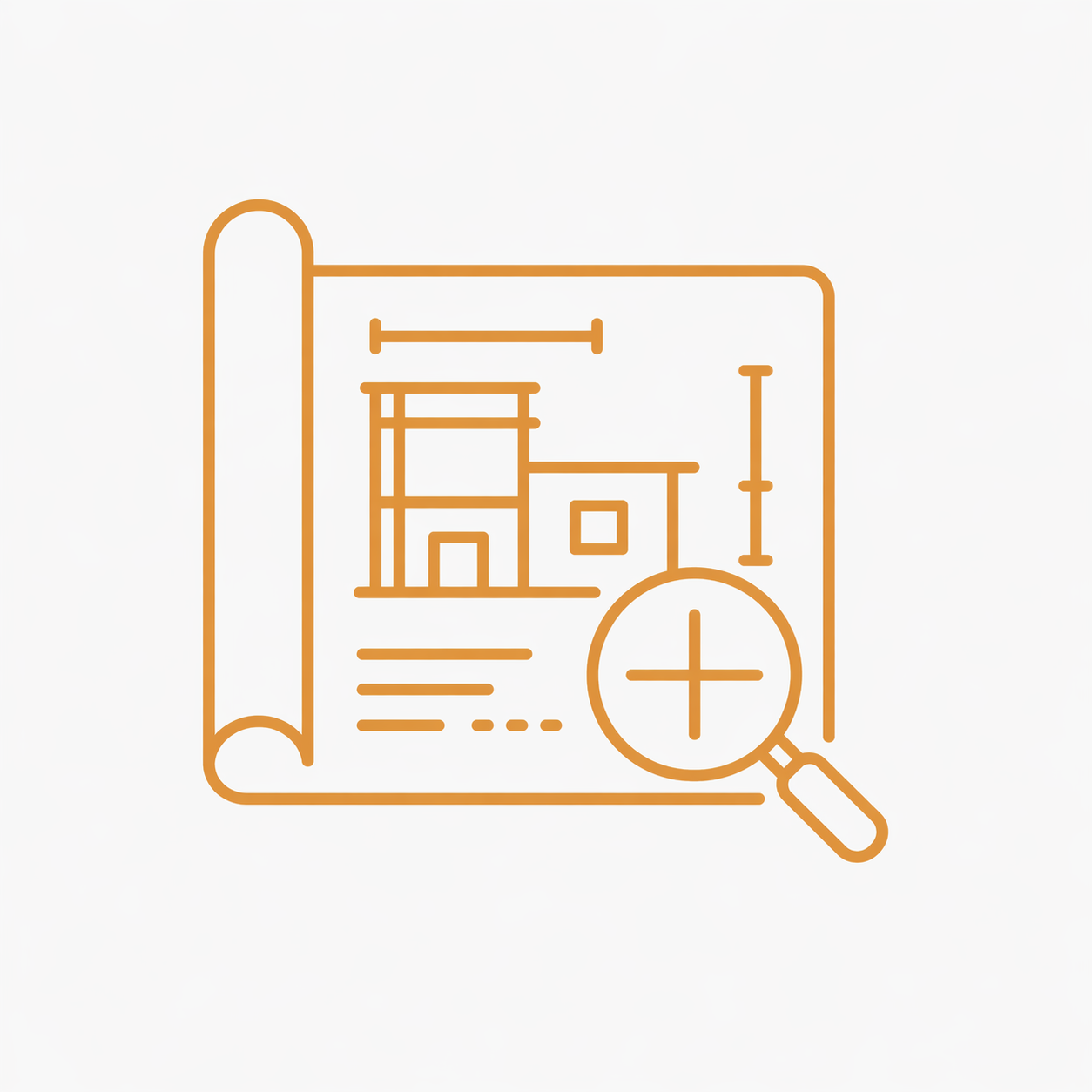 Blueprint or architectural plan with measurements and a magnifying glass.