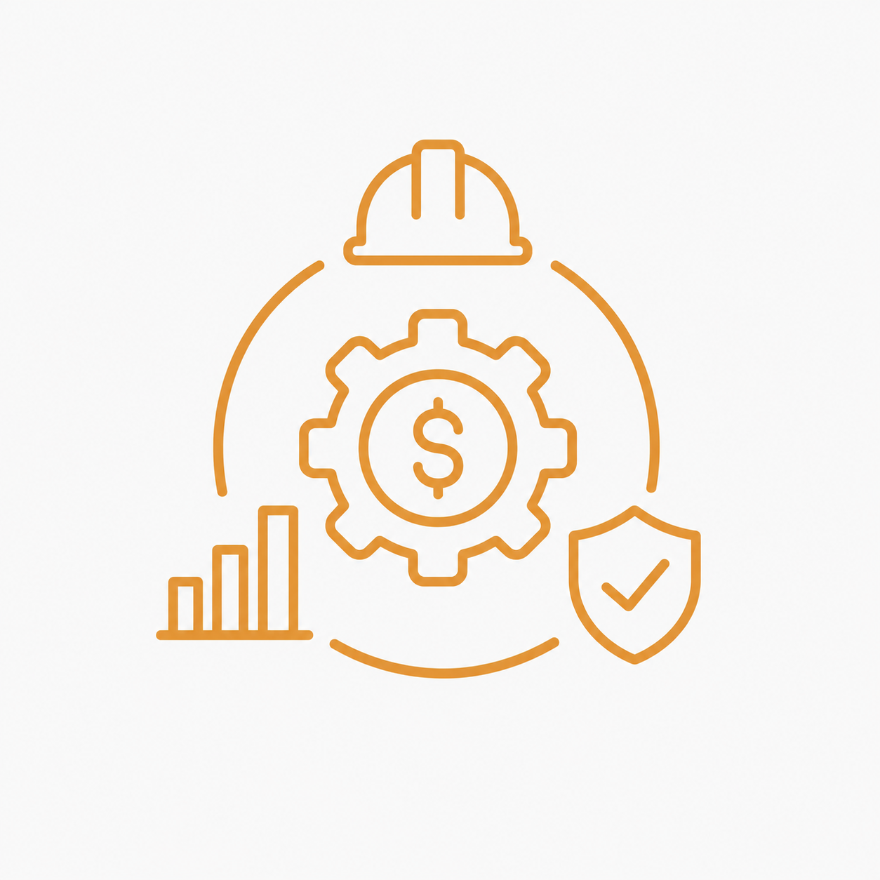 Illustration of financial management and security, including a hard hat, a gear with a dollar sign, a bar chart, and a shield with a checkmark.