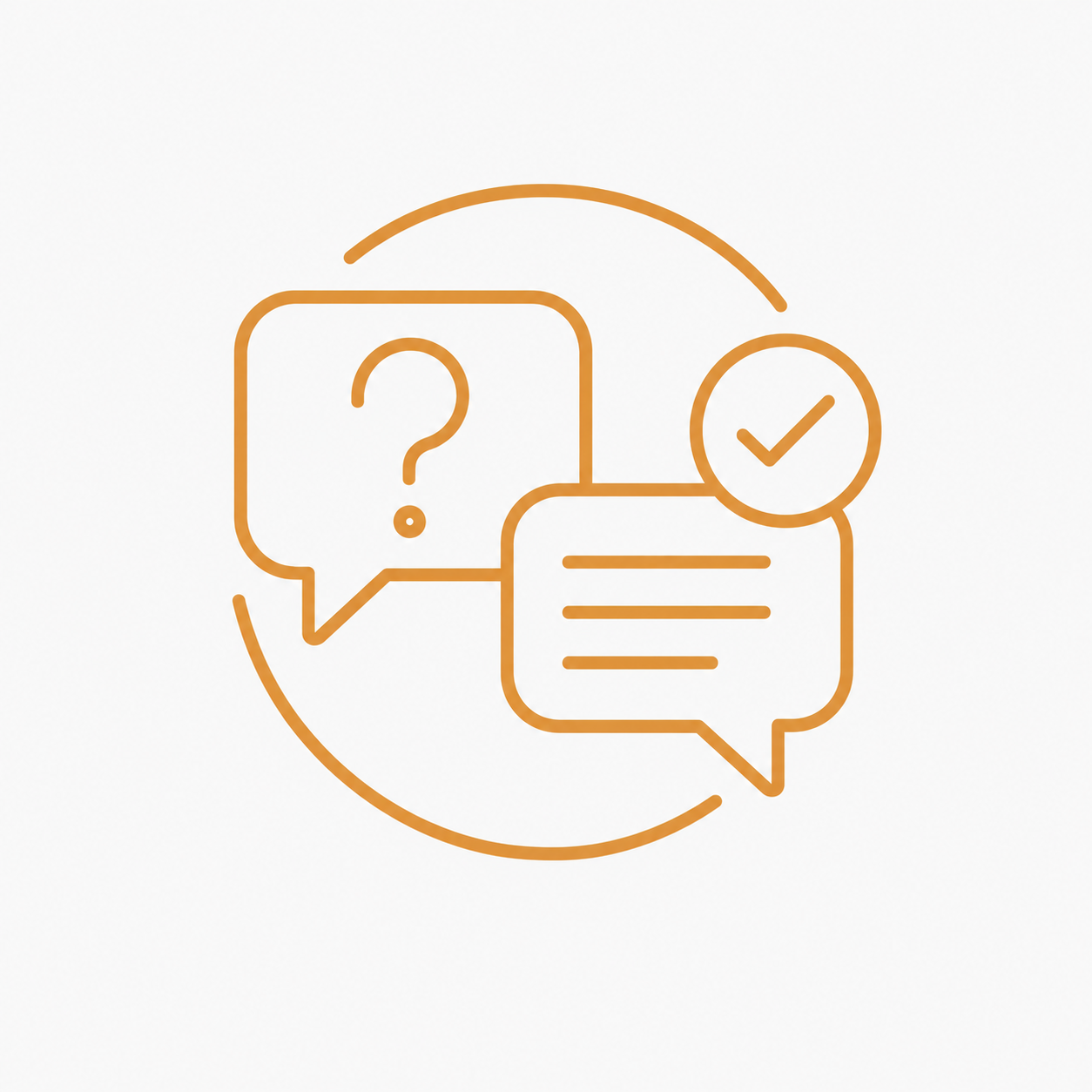 Outline of two speech bubbles with a question mark inside one and lines inside the other, surrounded by a check mark and curved line.