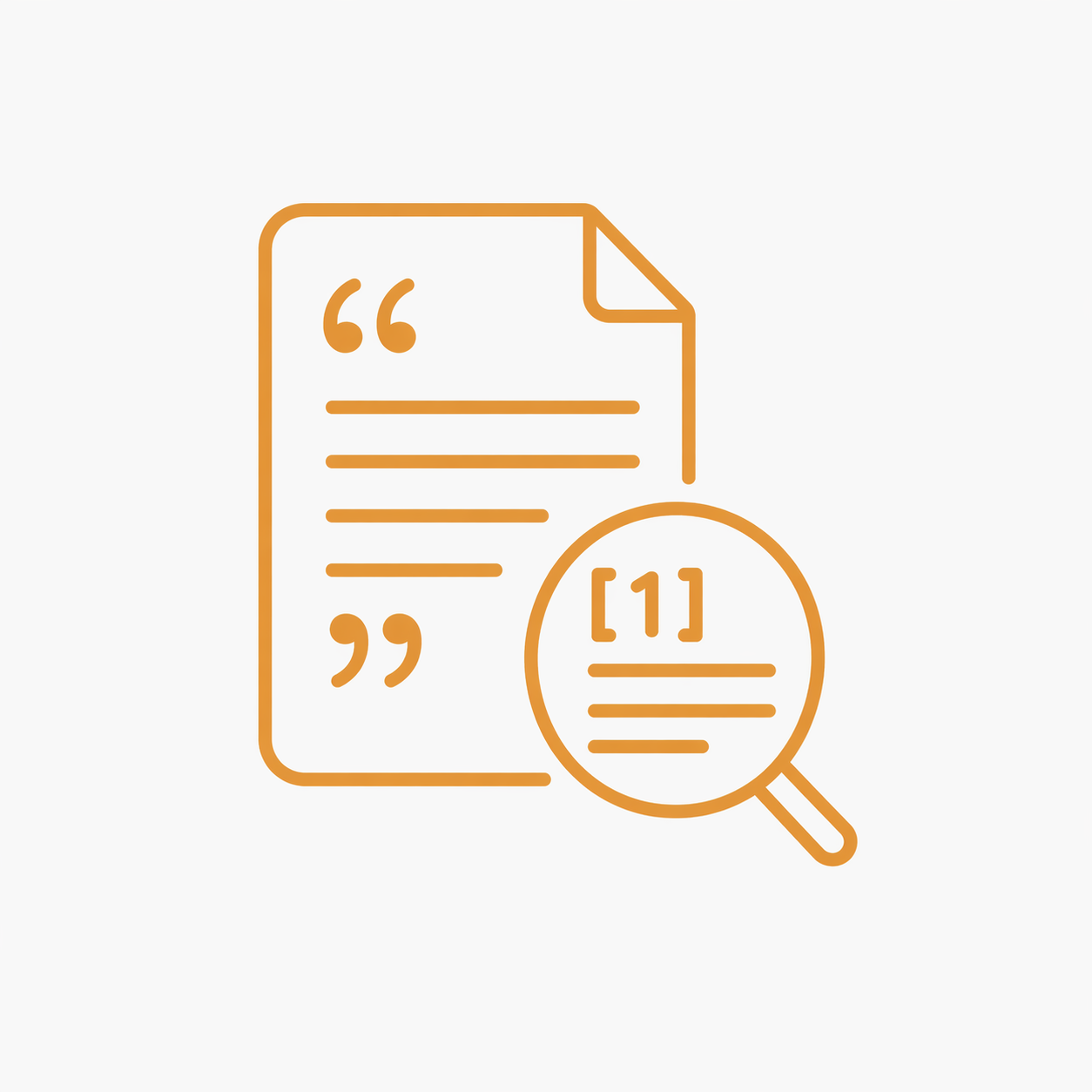 Outline of a document with quotation marks and lines of text, accompanied by a magnifying glass focusing on a smaller document or note marked with the number 1.