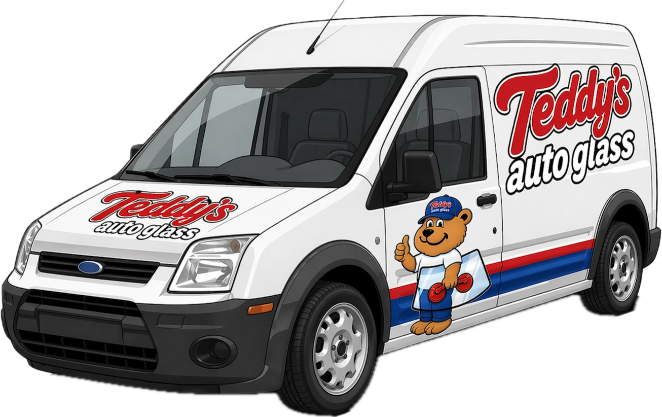 A white delivery van with graphics for Teddy's Auto Glass, including a cartoon bear in a cap holding auto glass and giving a thumbs-up.