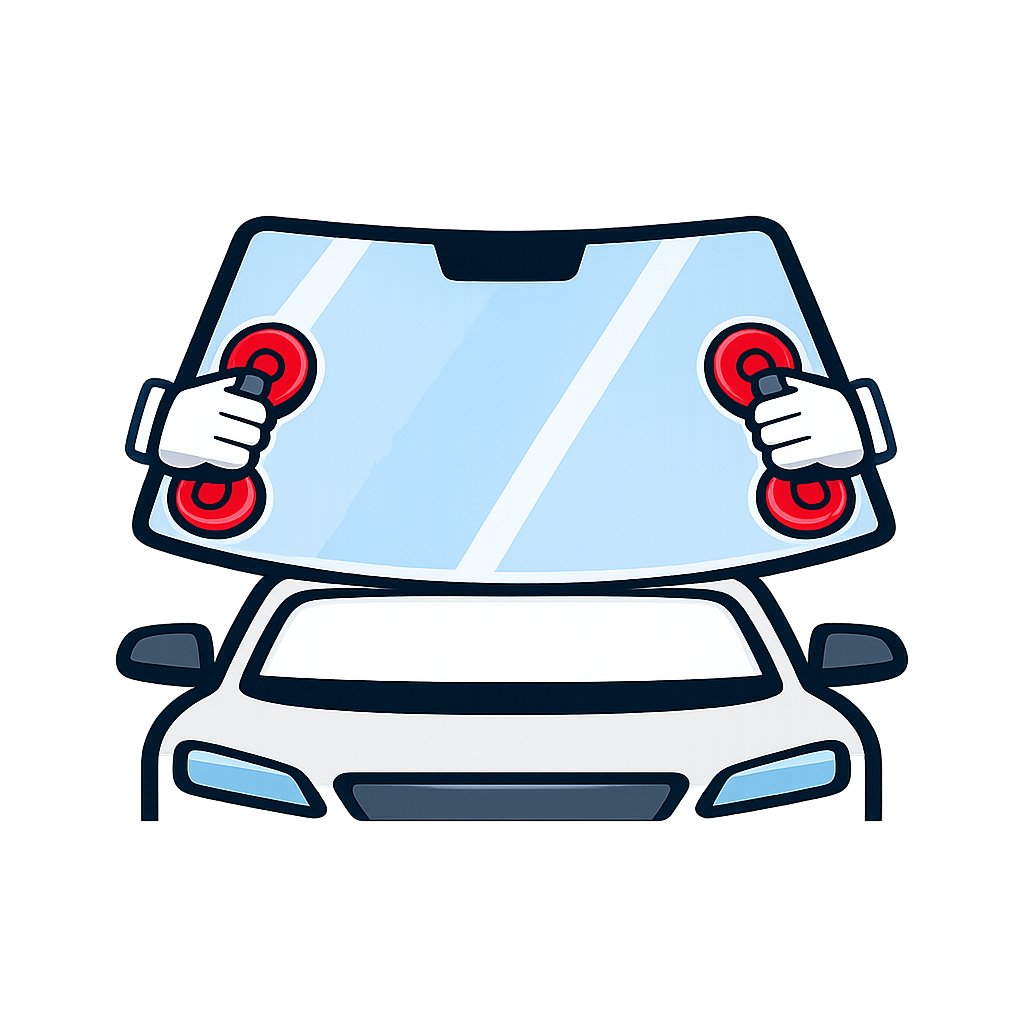 Cartoon illustration of a white car with a large windshield, having cartoon hands holding red circular suction cups at the corners, resembling a windshield wiper or cleaning device.