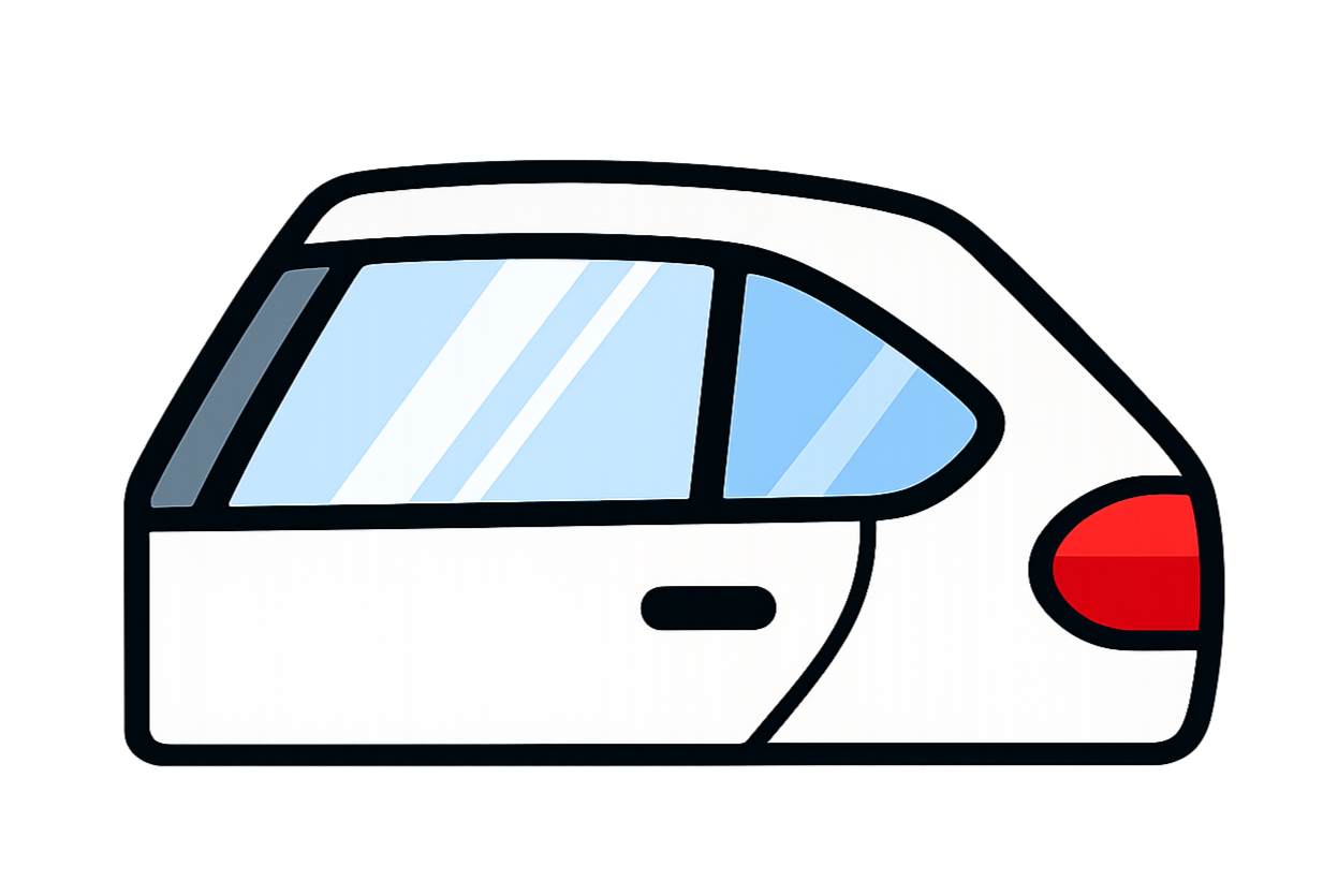 A cartoon-style illustration of a compact white car with black outlines, featuring a curved roof, large windows, and a red tail light.
