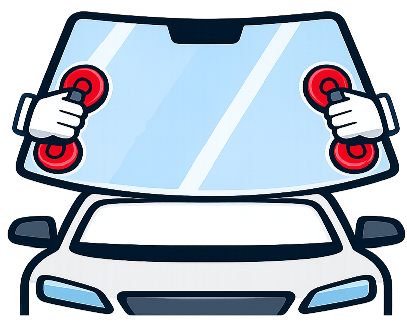 Animated cartoon of a windshield being cleaned by two hands using scrubbing tools, with a car below.