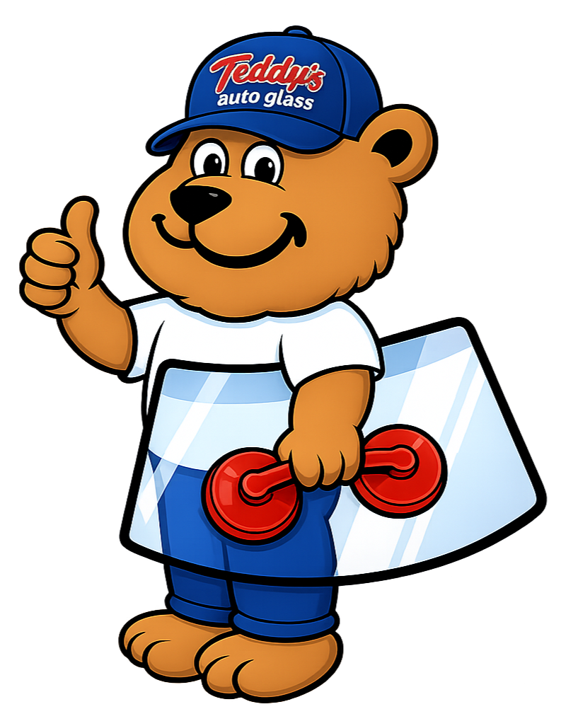 Cartoon bear mascot wearing a blue cap that says Teddy's auto glass, white t-shirt, blue pants, and holding a red suction cup tool, giving a thumbs up.