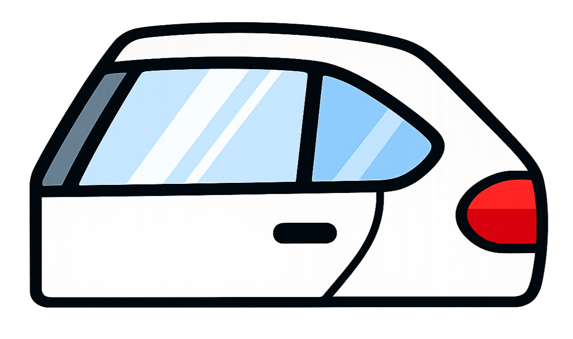 A cartoon illustration of a white electric car with black outlines, featuring blue-tinted windows and a red rear light.