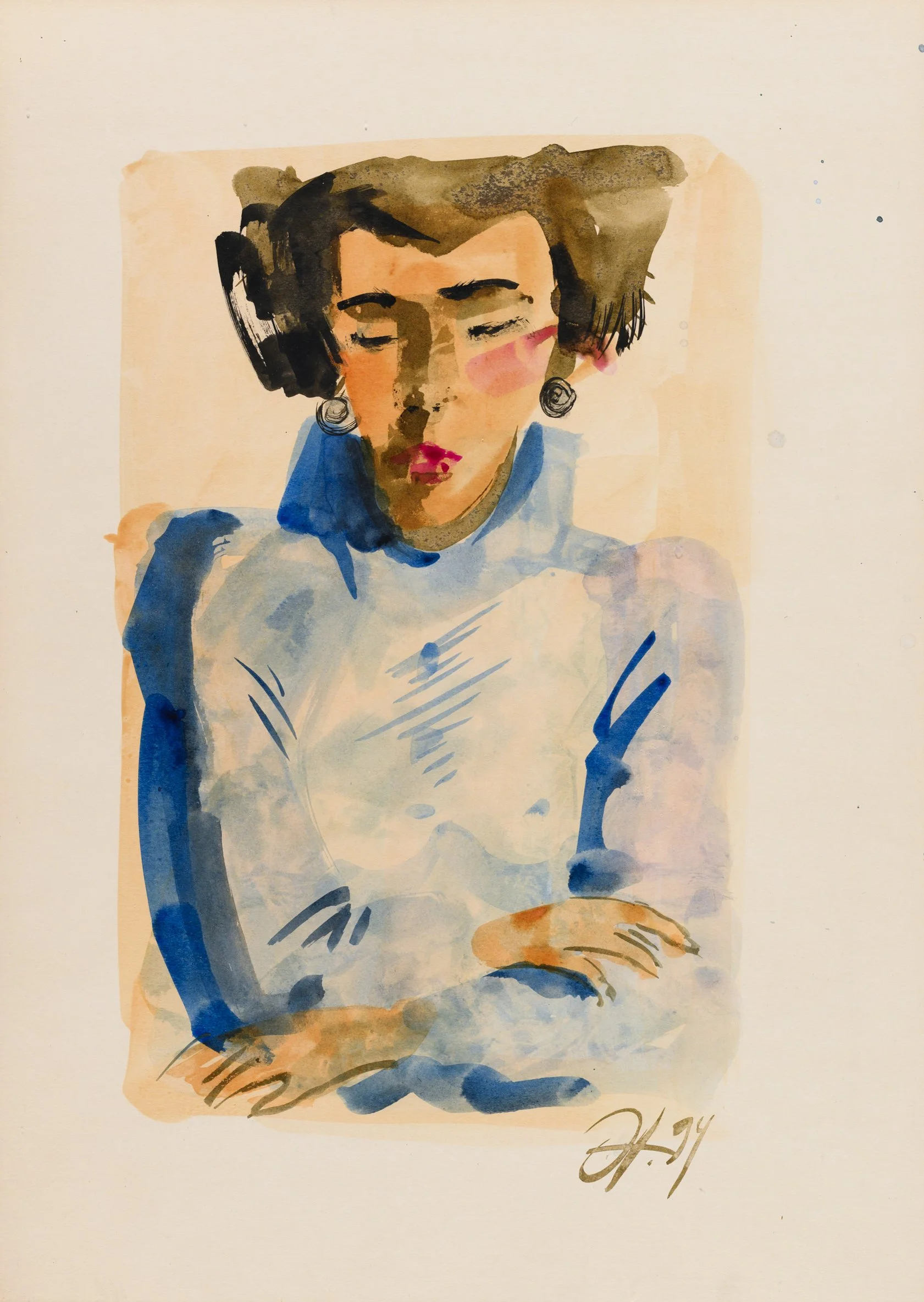 Ohne Titel, (Frau in Blau) 1993  
Chinatusche auf Karton 70x50 cm