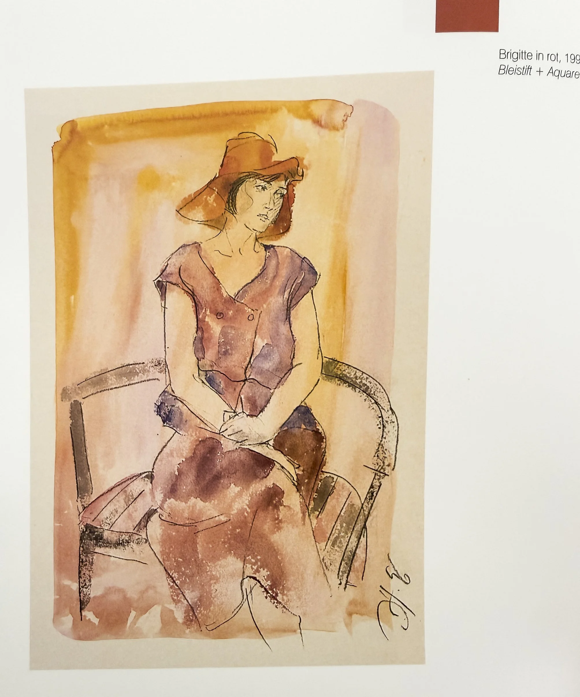 Brigitte in rot, 1996  
Bleistift und Aquarell 70x50 cm