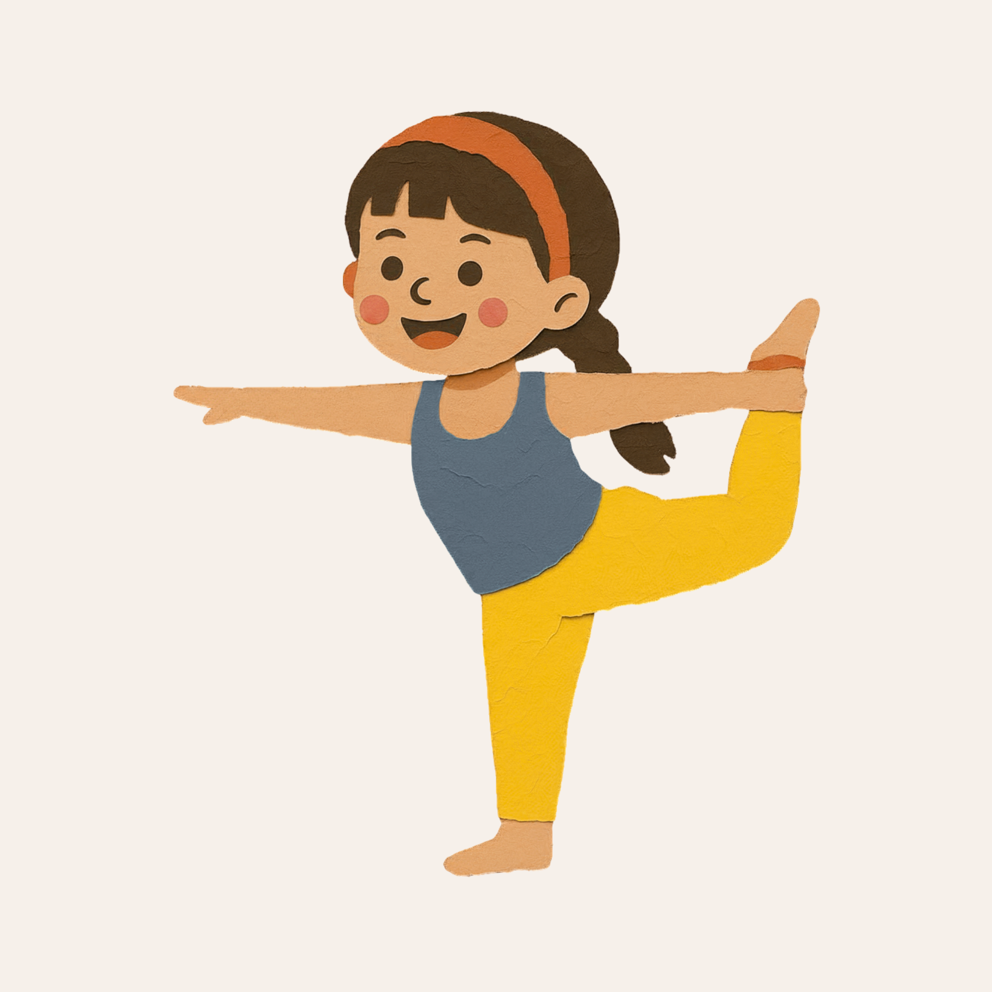 Illustration of a girl wearing a blue top, yellow pants, and an orange headband, performing a balancing yoga pose with one foot on the ground and arms extended sideways.