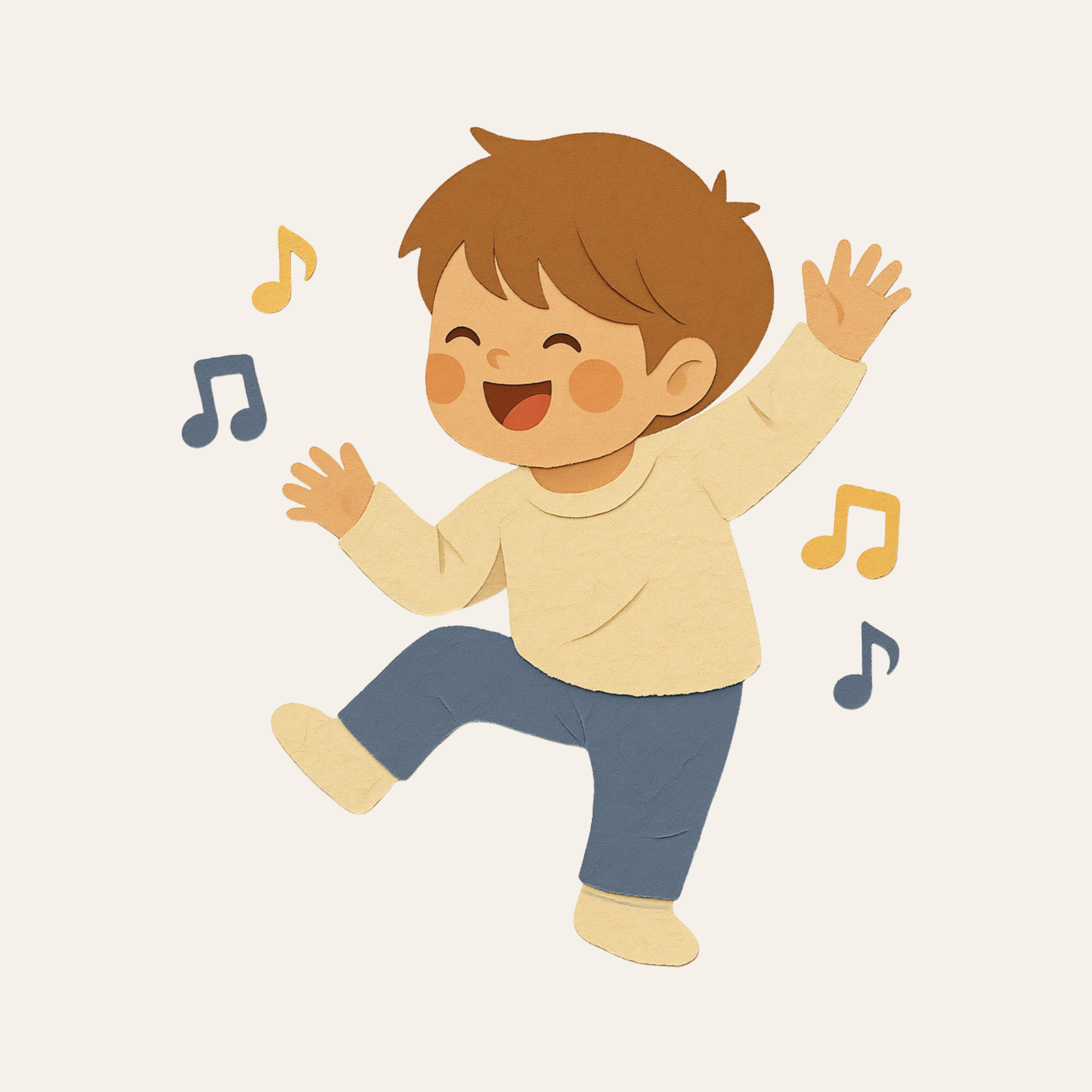 Cartoon illustration of a happy child with brown hair, waving, with musical notes around, wearing a yellow shirt and blue pants.