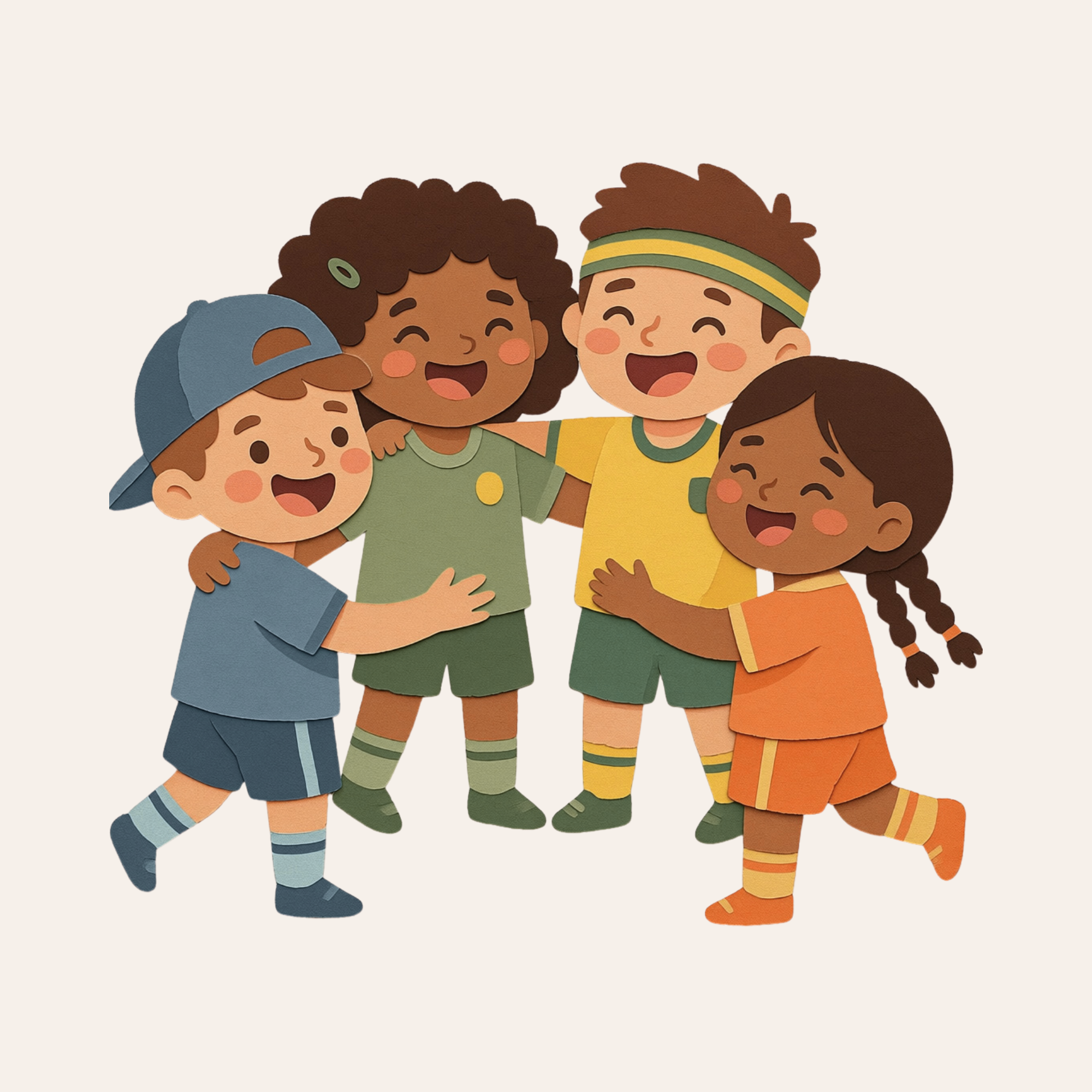 Five children wearing colorful athletic clothing, hugging and smiling together.