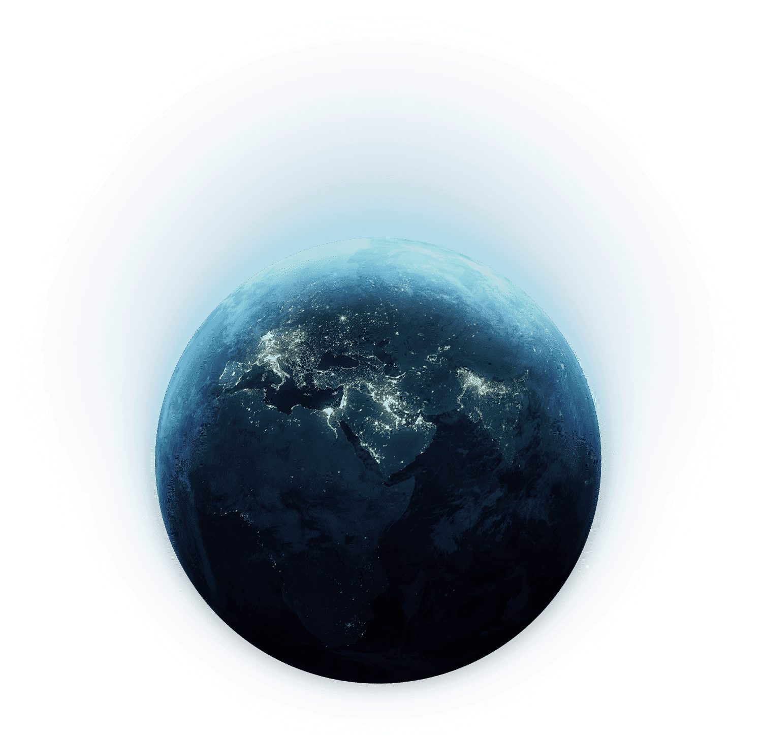 Satellite view of Earth at night showing illuminated city lights in Europe, Asia, and Africa, with a gradient blue background.