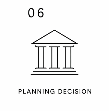 Icon of a government or institutional building with columns, labeled '06' at the top, and 'PLANNING DECISION' written below.