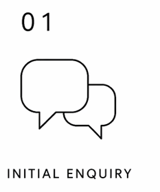 Two speech bubbles with the number '01' above and the text 'INITIAL ENQUIRY' below.