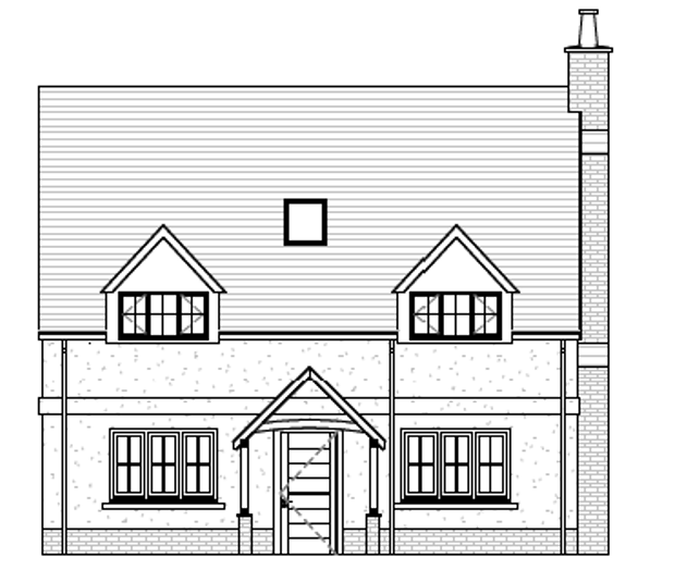 Black and white line drawing of a two-story house with a pitched roof, diamond-shape windows, a central front door with steps, and a chimney on the right side.