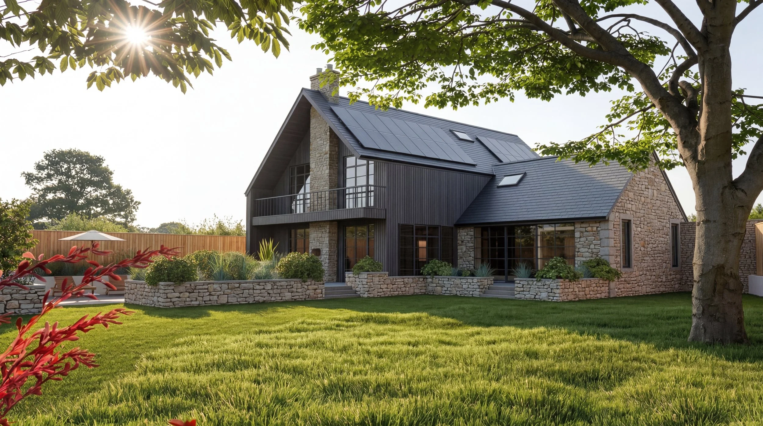 Architectural visualisation of a residential design with a garden and generous glazing