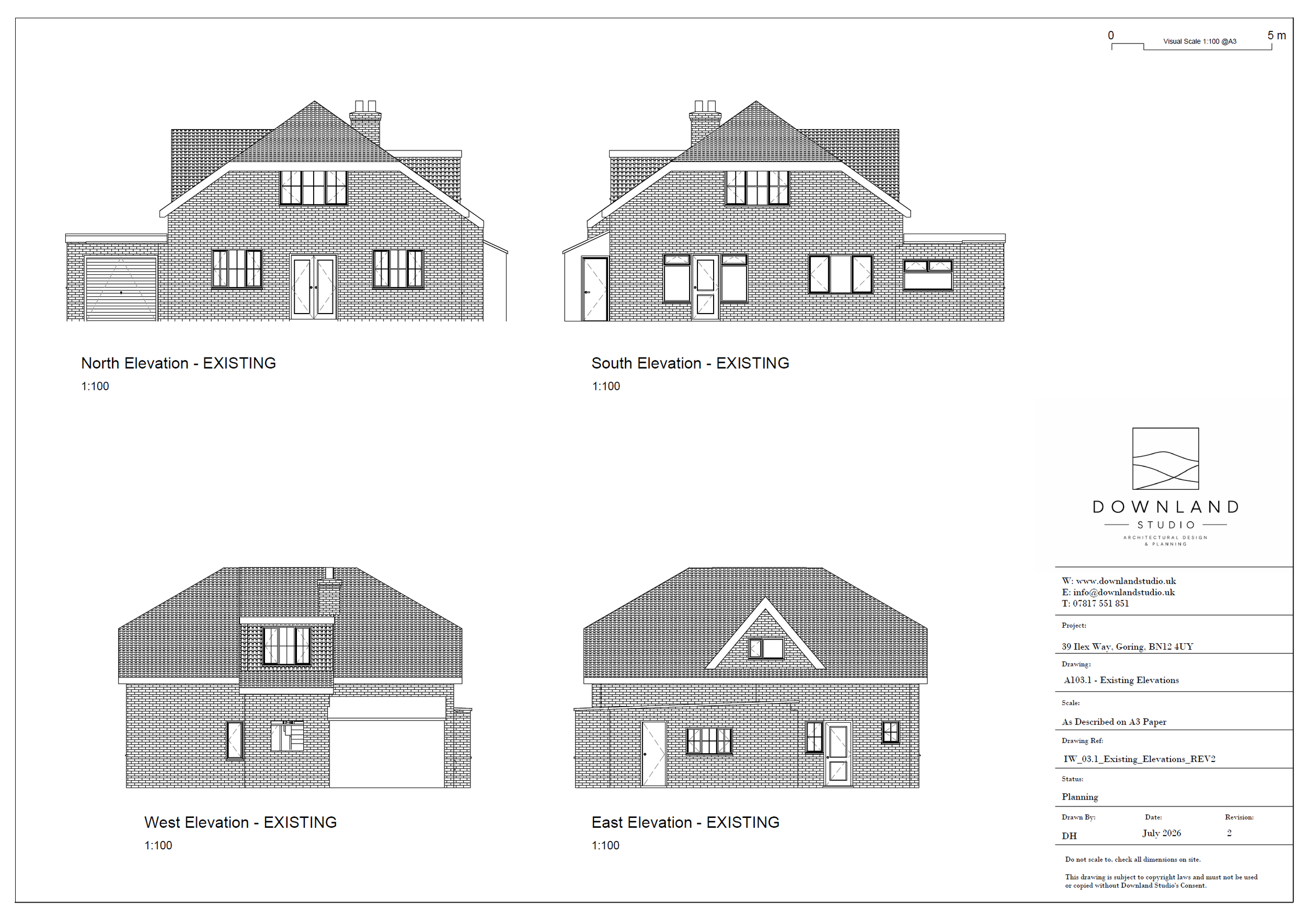 Architectural drawing showing existing house elevations from North, South, West, and East directions, with detailed brickwork, windows, doors, and roof structures, created by Downland Studio.