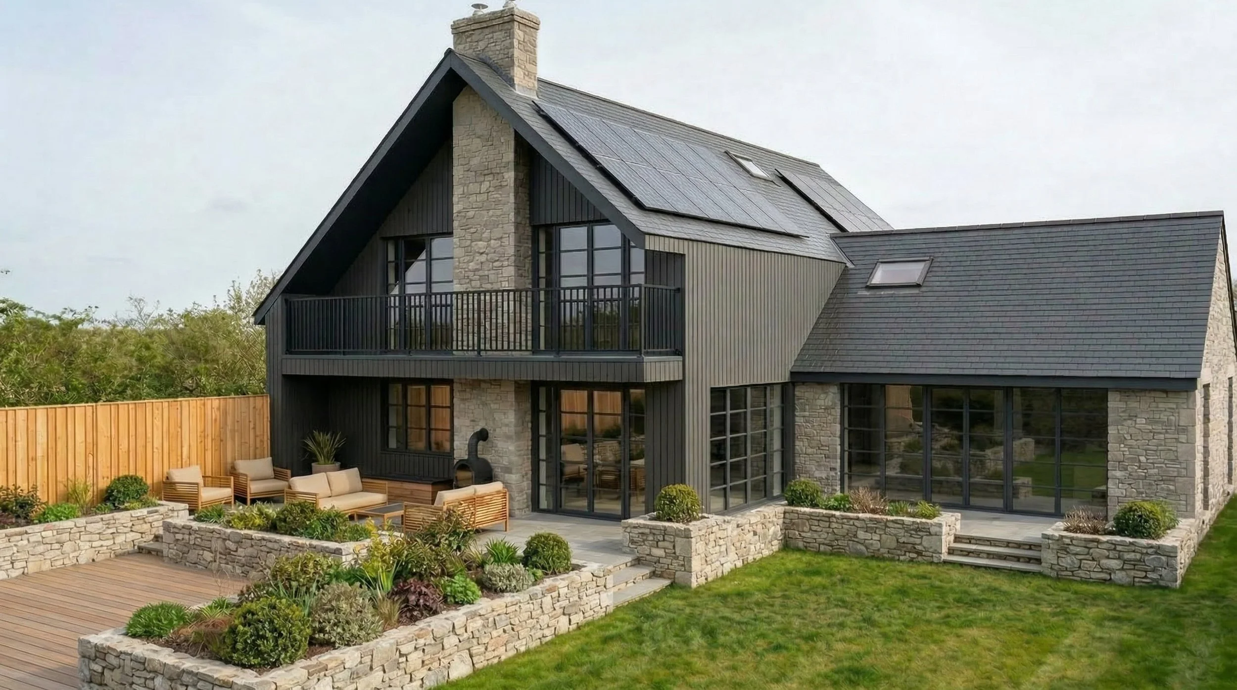 Modern two-story house with stone and metal exterior, large windows, and a balcony, surrounded by a landscaped yard with stone walls, lawn, and outdoor seating.