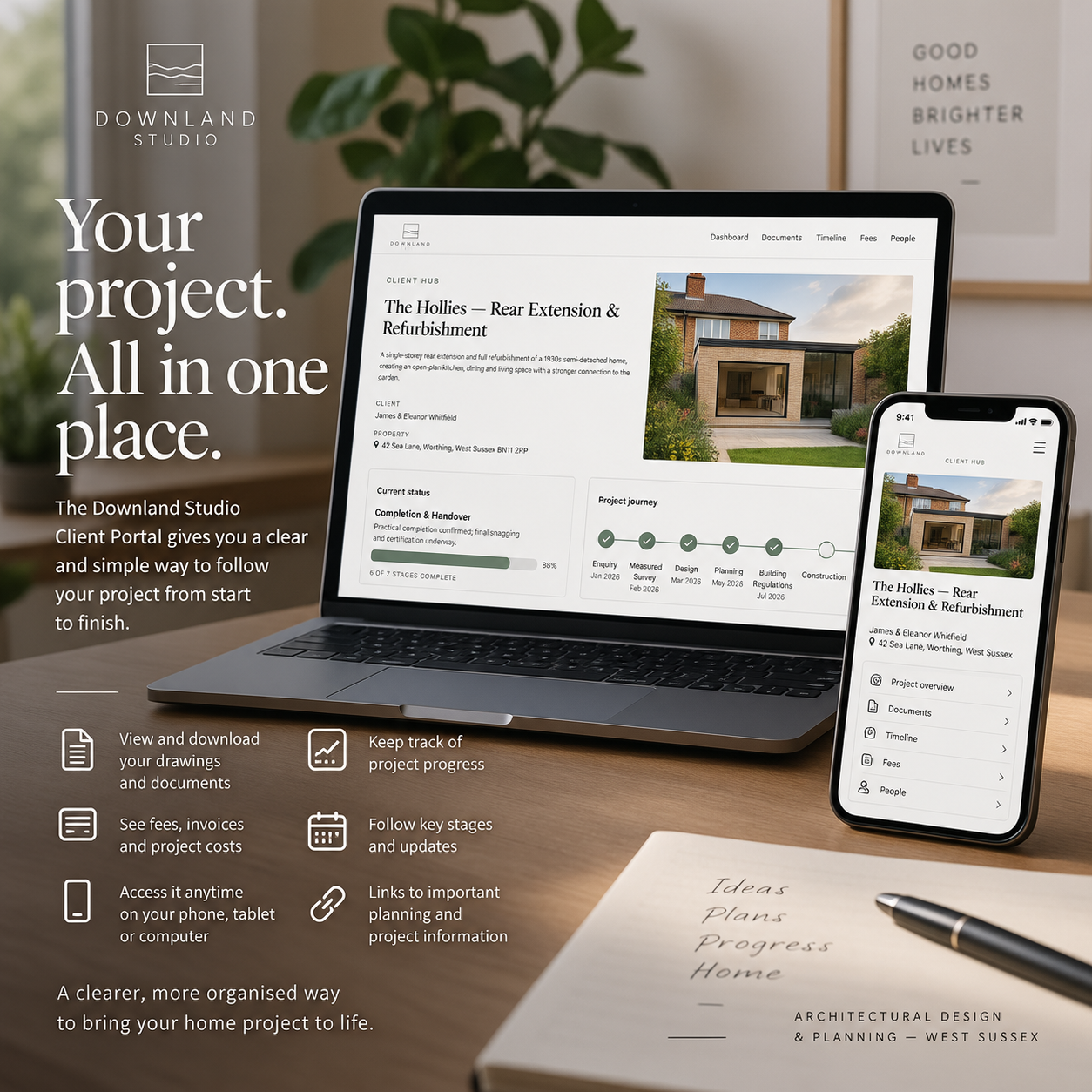 Laptop and smartphone displaying the Downland Studio Client Portal with a home renovation project, alongside text and icon graphics describing project management features such as viewing documents, tracking progress, and linking important planning information.