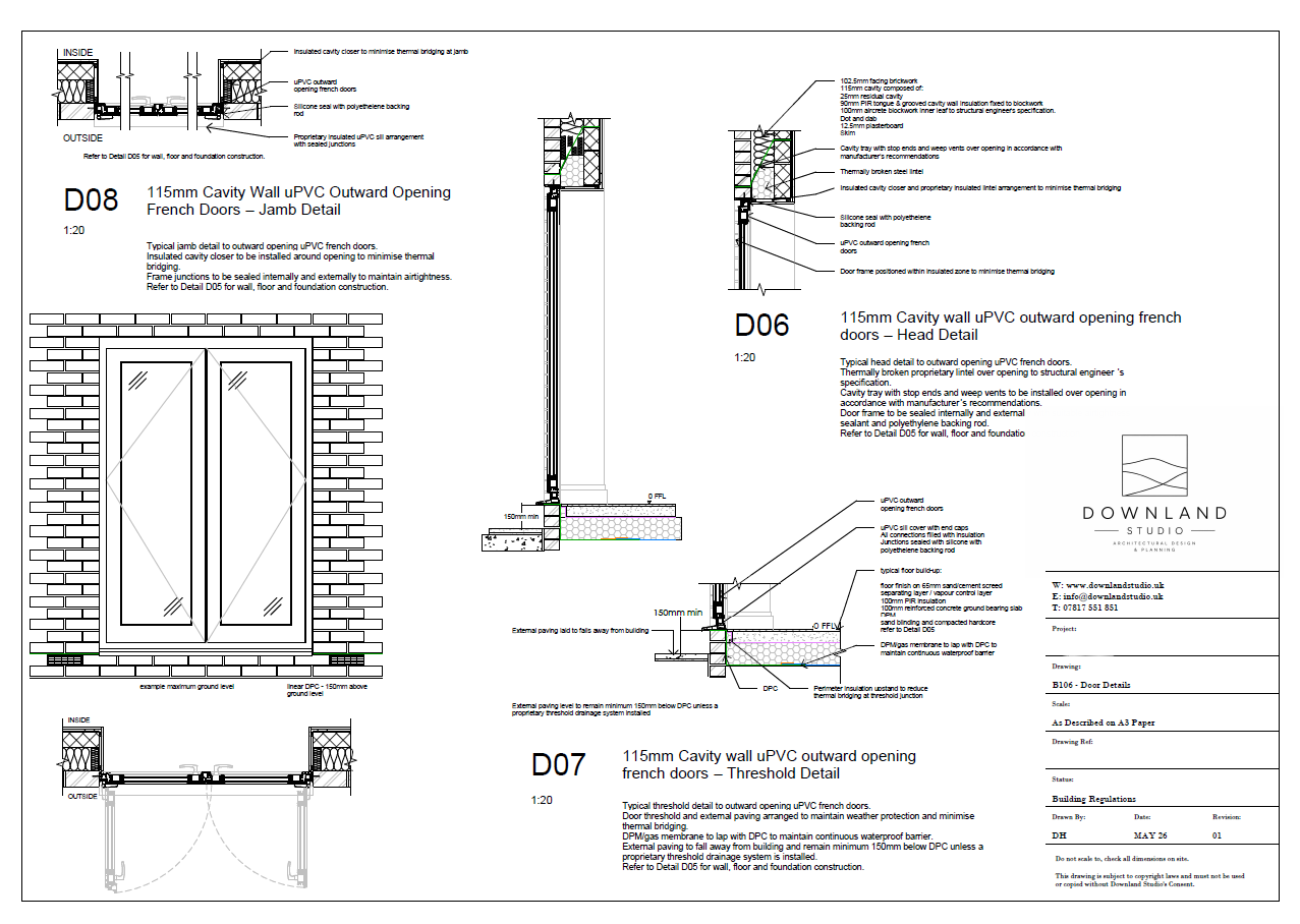 Architectural technical drawings of 115mm cavity wall uPVC outward opening French doors, including jamb, head, and threshold details, with annotations and cross-section views.