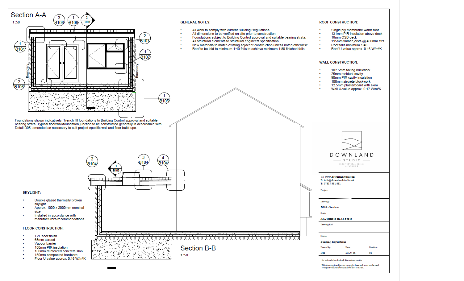 Architectural blueprint for a building with detailed sections, notes on construction, roofing, and wall structure, including measurements and specifications.