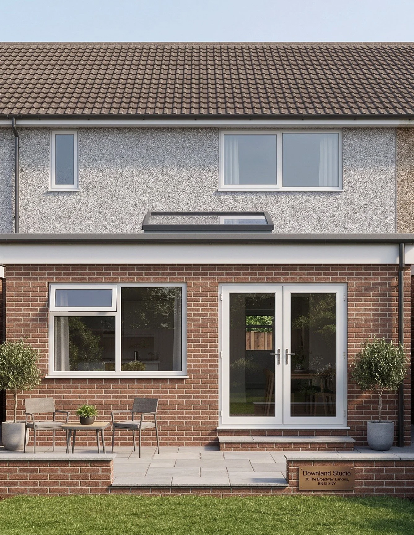 Exterior view of a modern house with a brick and textured wall facade, large windows, a sitting area with chairs and a table, potted plants, and a nameplate reading 'Downland Studio, 36 The Broadway Lancing, BN15 8NY'.