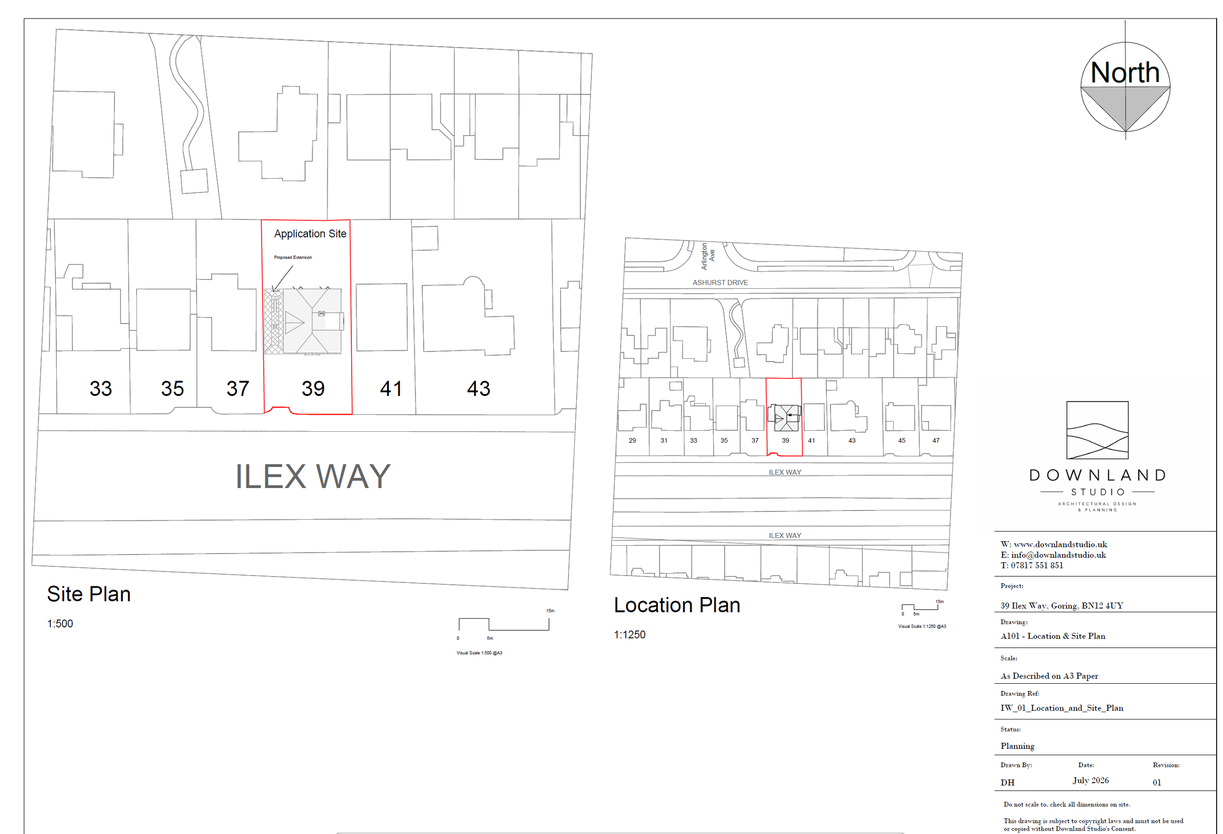 Site plan and location plan for 39 Ilex Way, Goring, BN12 4UY, showing property boundaries, surrounding roads, and neighboring properties. The plan includes a proposed extension marked on the site plan.