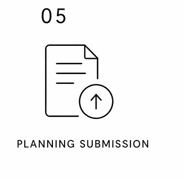 Icon of a document with an upward arrow, labeled 'Planning Submission' with the number 05 above.