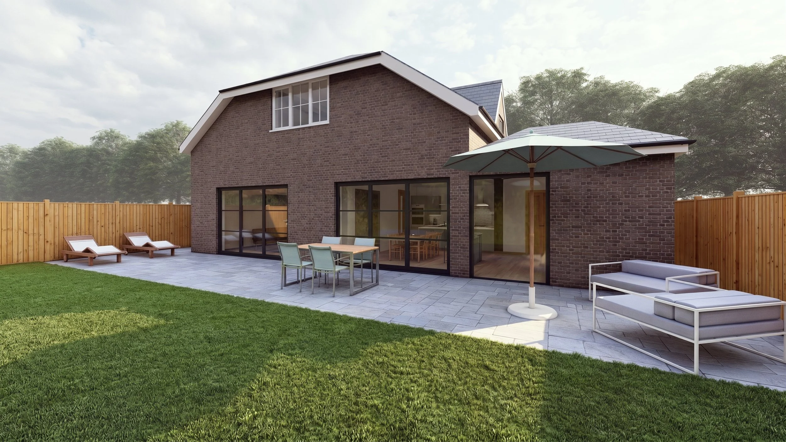 Modern two-story brick house with a backyard patio, outdoor furniture, a large umbrella, and a green lawn, surrounded by a wooden fence and trees.