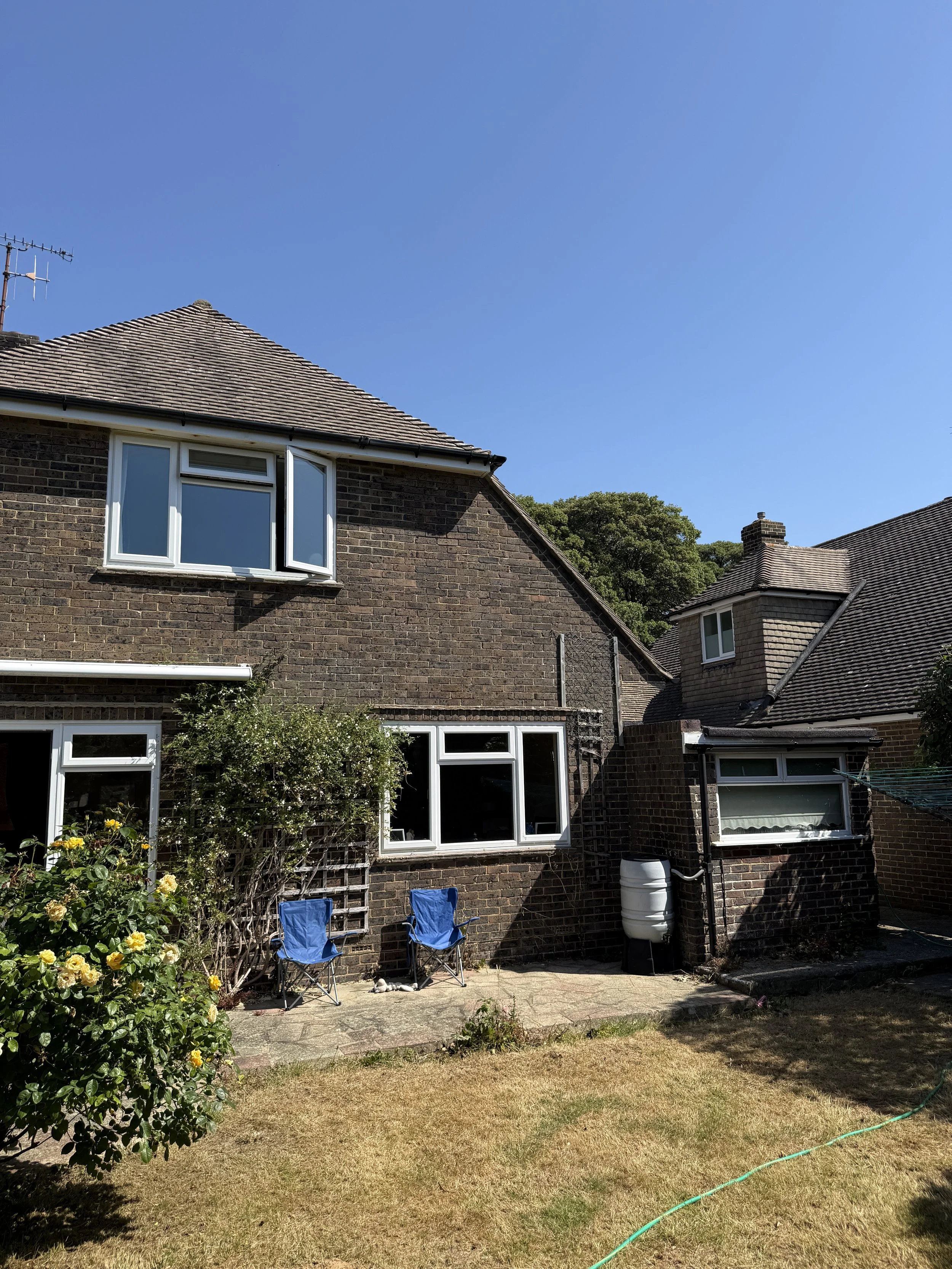 Backyard with two chairs, bushes, and a brick house with multiple windows, under a clear blue sky.