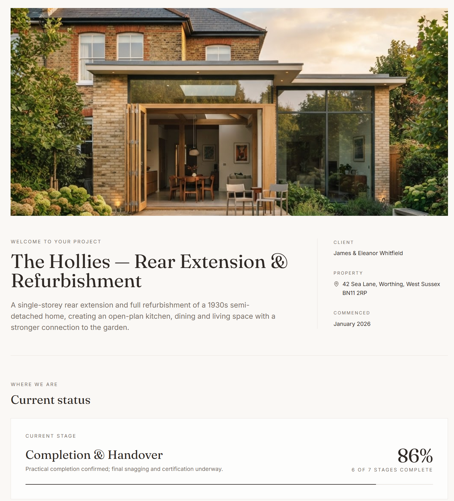 Downland Studio Dedicated Project Space showing a residential extension project with project progress, drawings and client information.