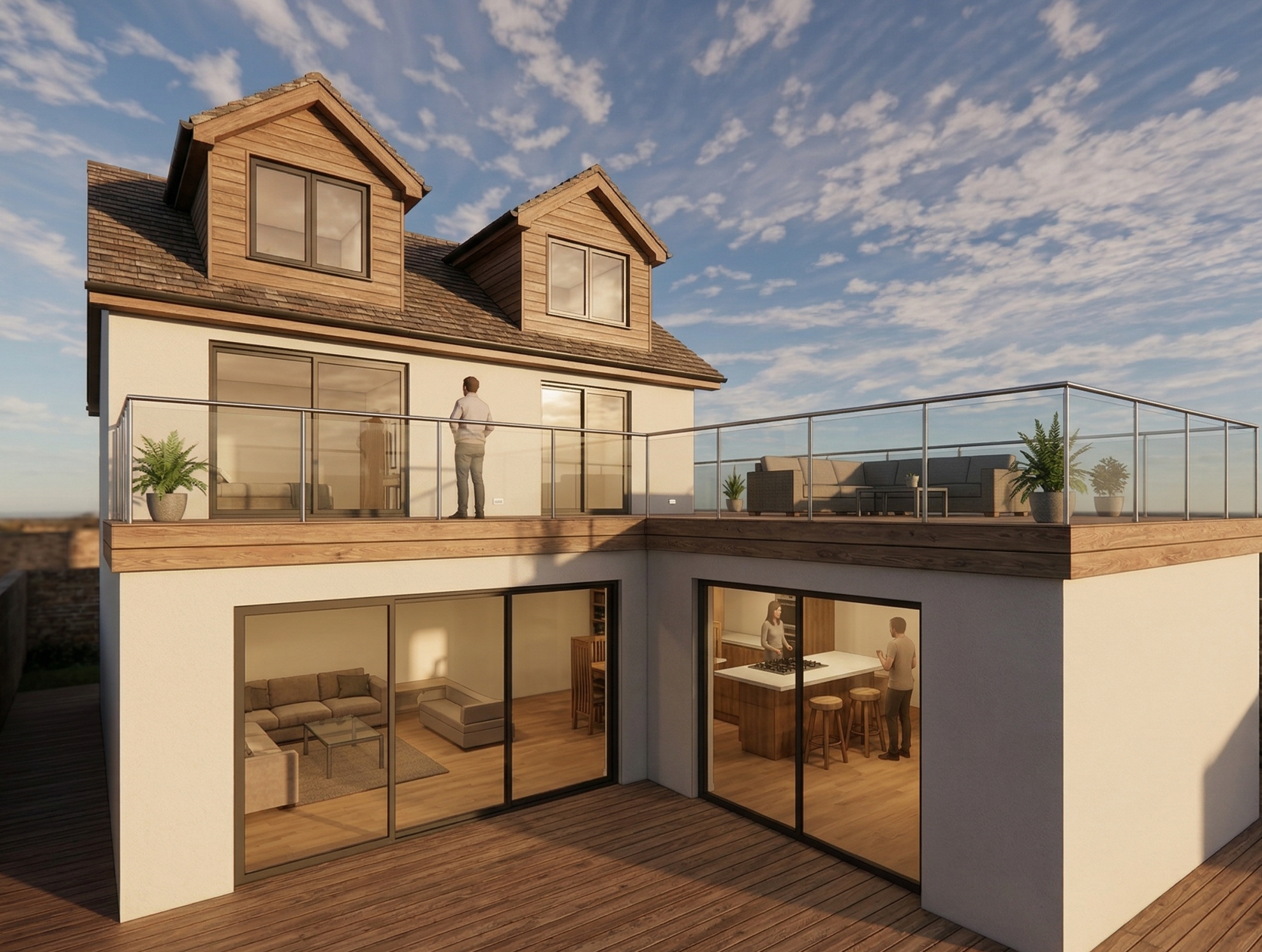 A modern two-story house with a rooftop outdoor patio, glass railing, and wooden accents, during sunset with a blue sky and scattered clouds.