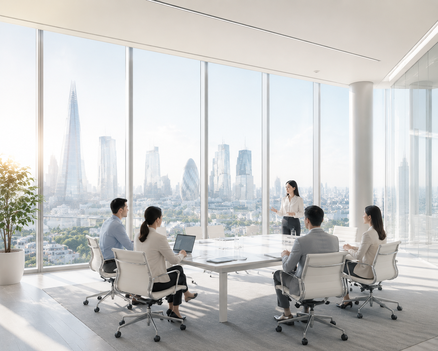 A business meeting in a high-rise conference room with five people sitting around a large table. A woman is standing and speaking, with a city skyline visible through floor-to-ceiling windows behind her.