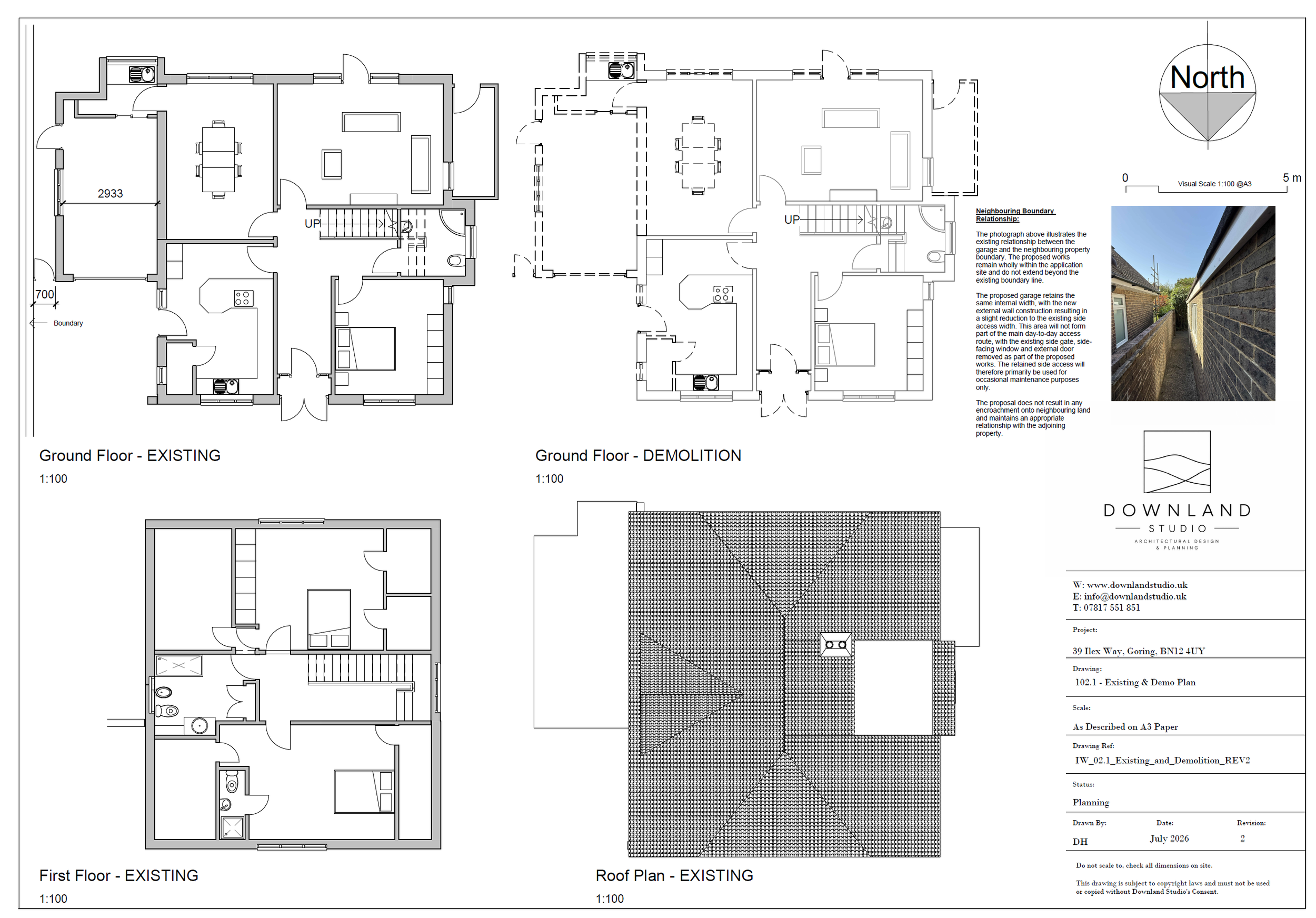 Architectural blueprint of a house's ground floor, including existing and demolition plans, and a roof plan with a photo of a brick wall on the right side.