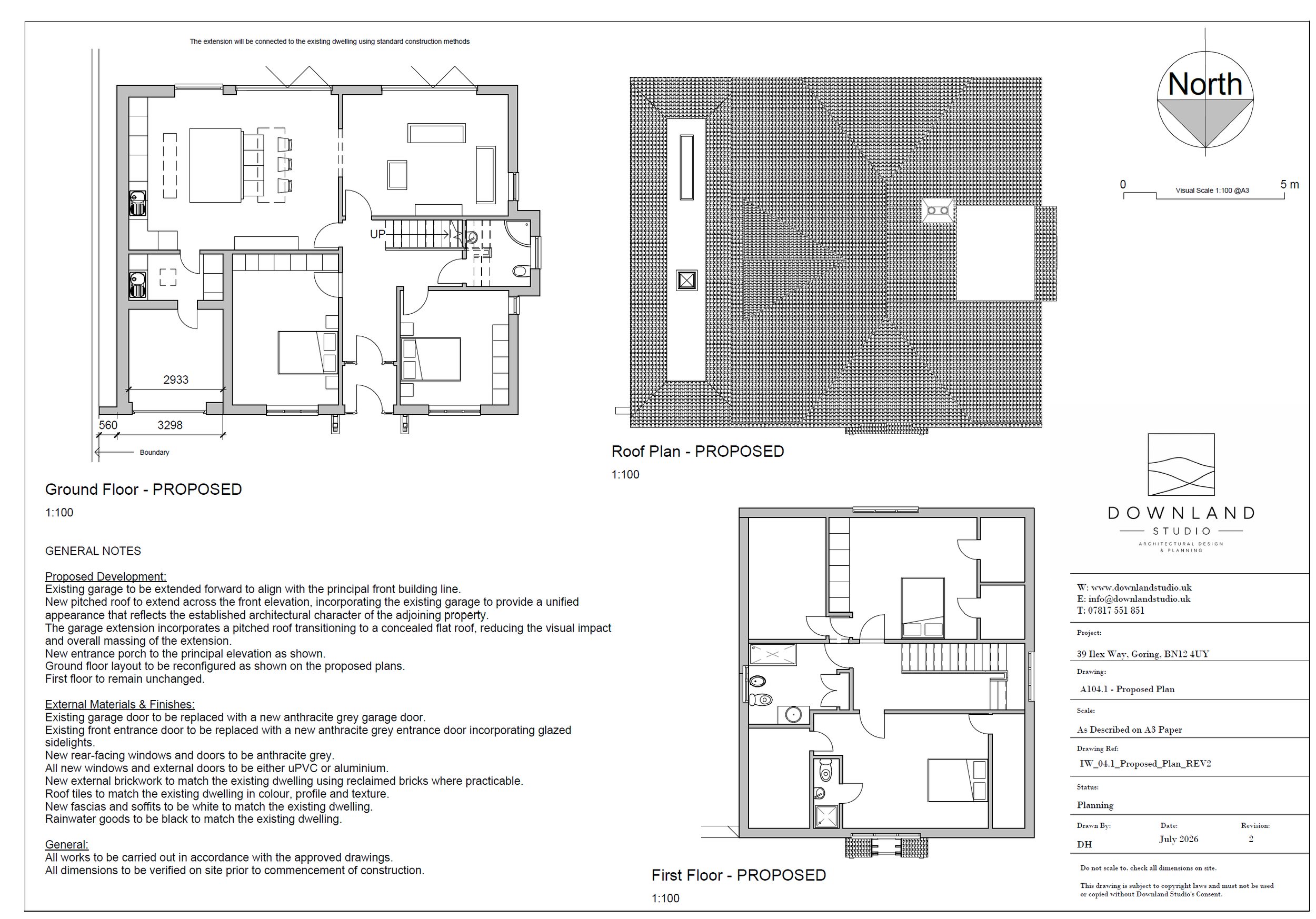 Architectural blueprint of a proposed house extension including ground and roof plans, with detailed notes and measurements.