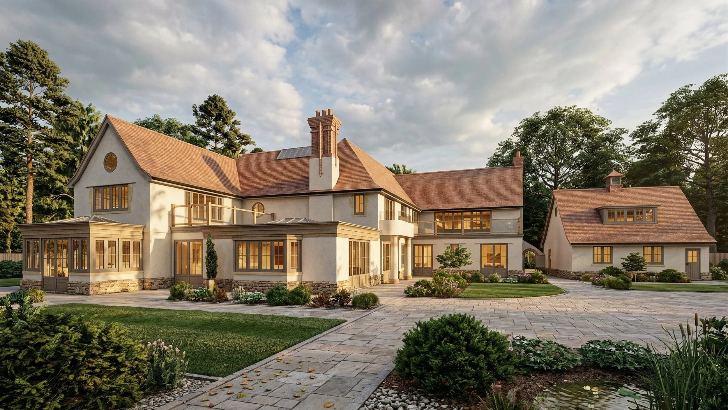 Large suburban house with multiple sections, a brick and stucco exterior, large windows, a chimney, and a paved front yard surrounded by trees and garden beds, under a partly cloudy sky.