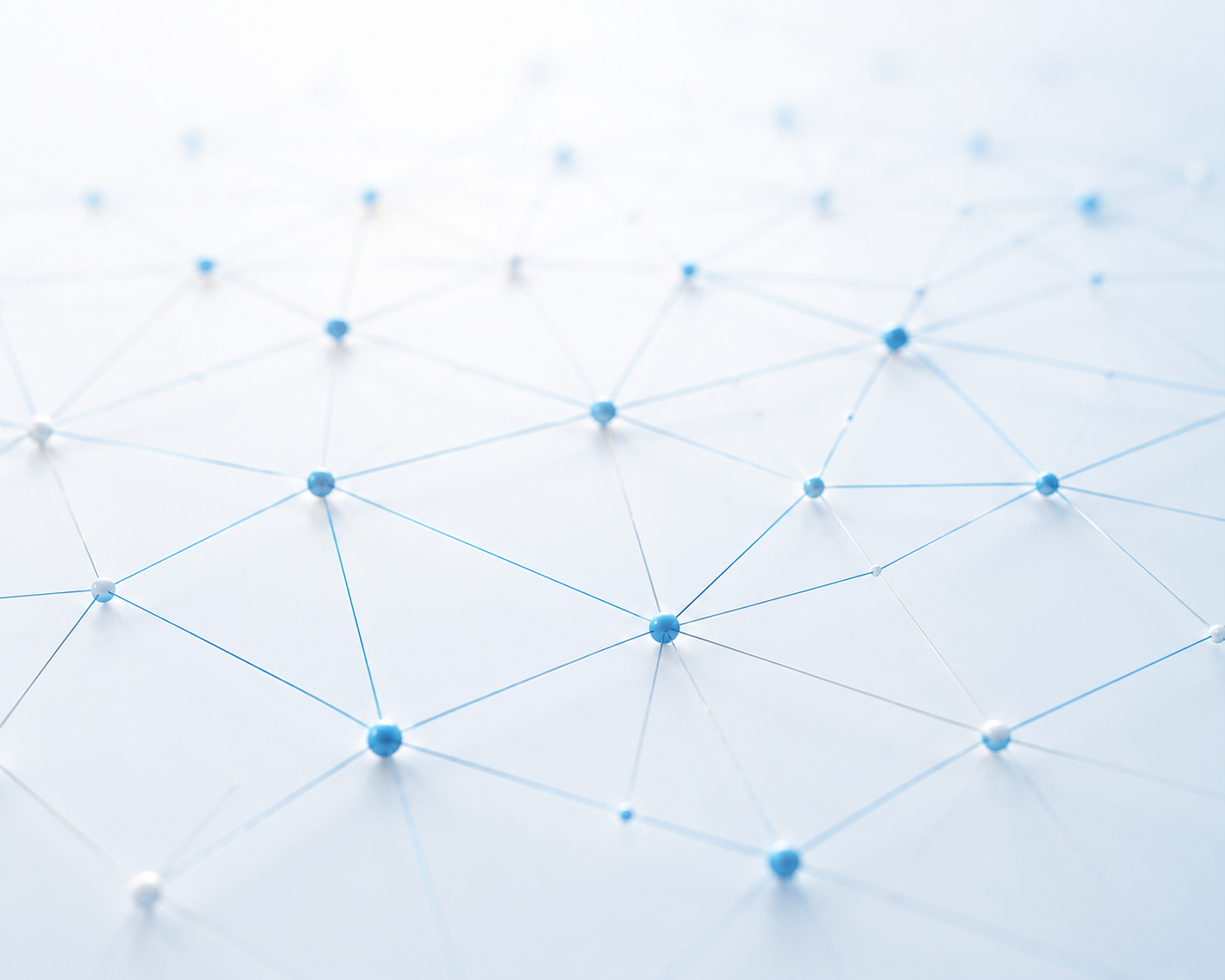A close-up of a network of interconnected nodes with thin blue and white lines on a white surface.