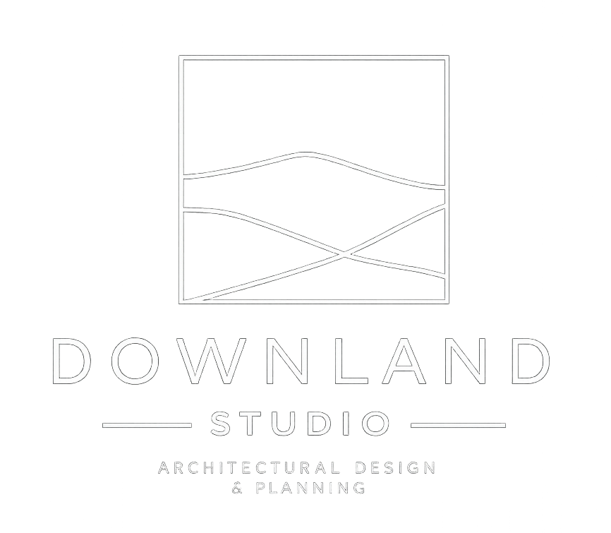 Logo for Downland Studio featuring a stylized landscape with a river or path flowing through hills, and text reading "Downland Studio, Architectural Design & Planning."