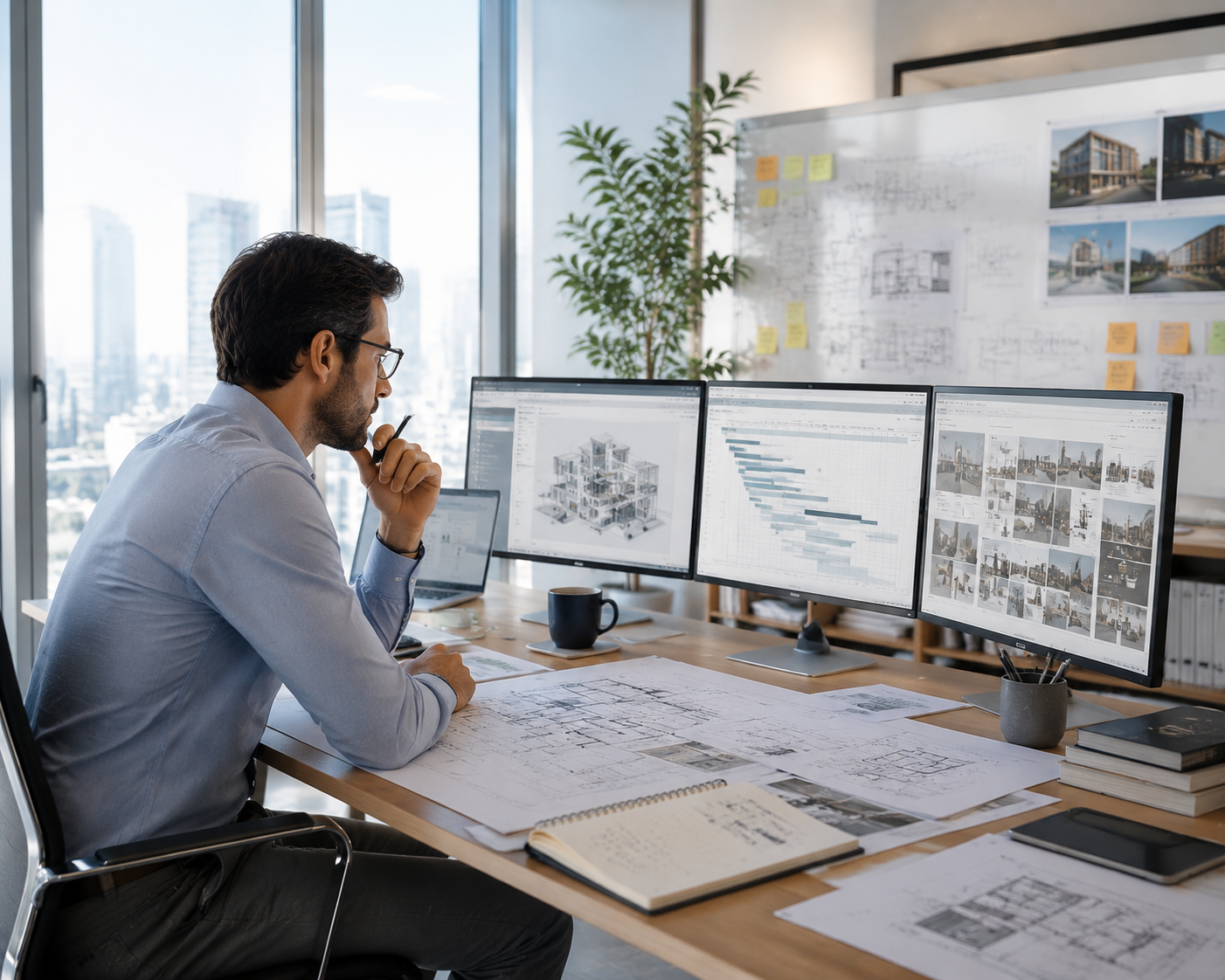 Architect working at desk with multiple monitors showing building designs, blueprints and diagrams, in an office with large windows and city view.