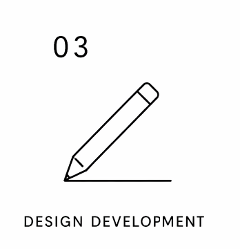 Simple line drawing of a pencil with the words 'Design Development' below it, and the number 03 above.