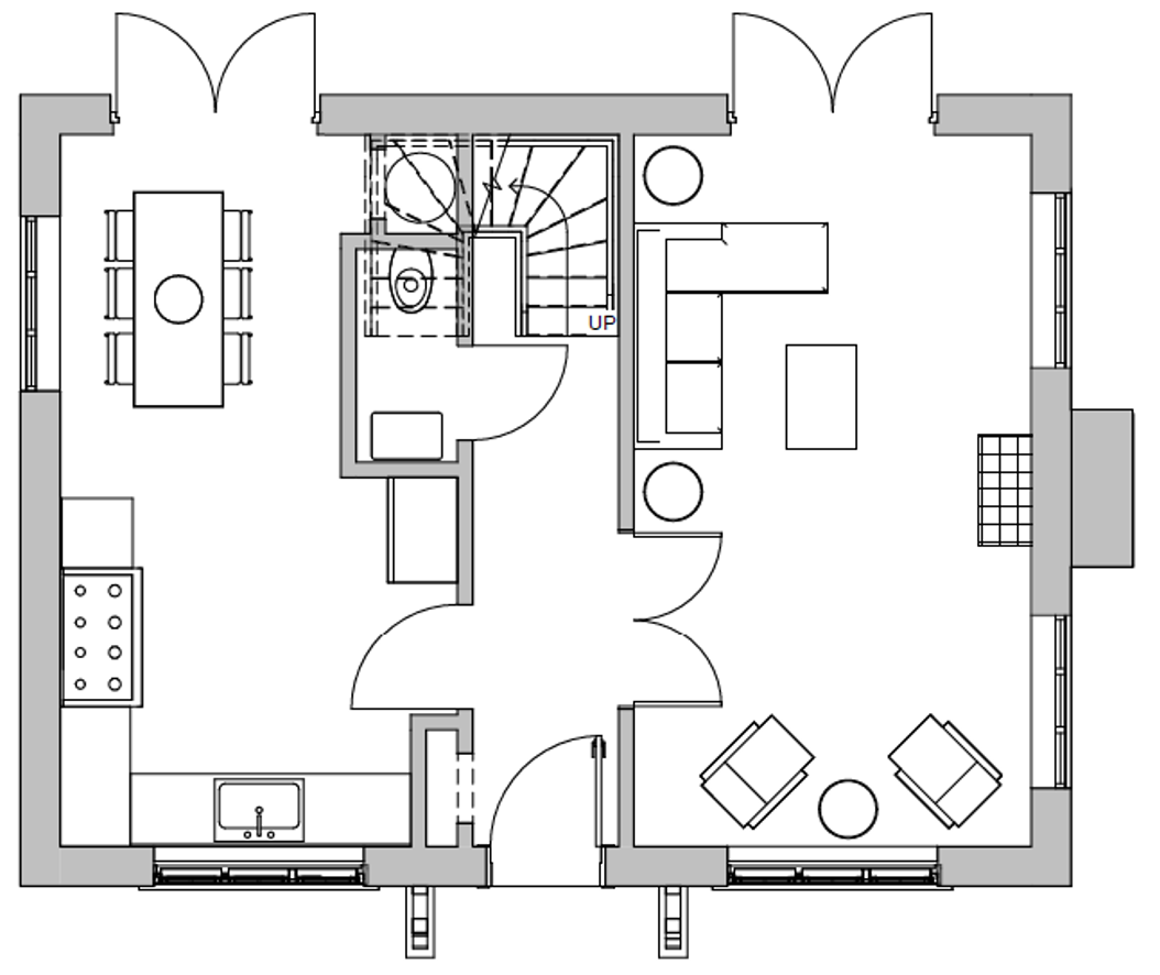 Floor plan of a house showing kitchen, dining area, living room, bathroom, staircase, and entry doors.
